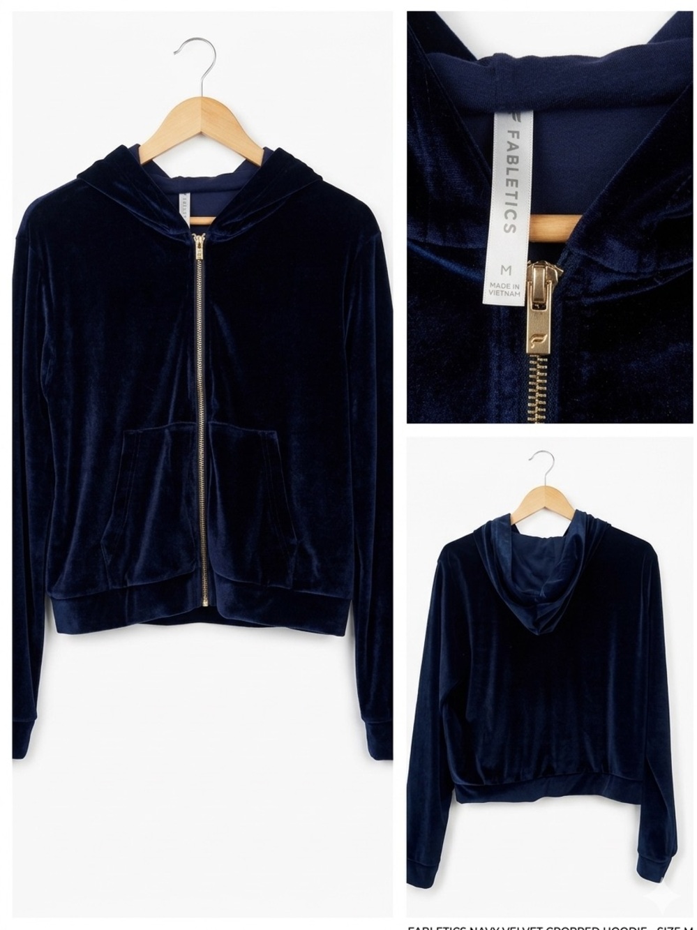 Fabletics Donna Velour Deep Navy Blue Crushed Velvet Zip Athletic Cropped Hoodie